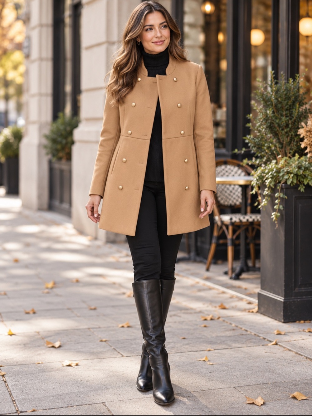 Entro Camel Double Breasted Military Coat Gold Button Women’s Size Medium